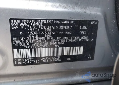 2019 Toyota Rav4 Le из США, поврежденный, VIN 2T3F1RFV7KC054331